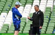 7 June 2025; Leinster head coach Leo Cullen, left, and Glasgow Warriors head coach Franco Smith before the United Rugby Championship semi-final match between Leinster and Glasgow Warriors at the Aviva Stadium in Dublin. Photo by Brendan Moran/Sportsfile