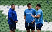 7 June 2025; Jack Boyle, left, Dan Sheehan, centre, and Thomas Clarkson of Leinster before the United Rugby Championship semi-final match between Leinster and Glasgow Warriors at the Aviva Stadium in Dublin. Photo by Brendan Moran/Sportsfile