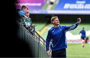 7 June 2025; Jordie Barrett of Leinster takes a selfie with supporters before the United Rugby Championship semi-final match between Leinster and Glasgow Warriors at the Aviva Stadium in Dublin. Photo by Brendan Moran/Sportsfile