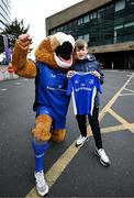 7 June 2025; Leinster supporter Eli Dempsey, age 9, from Kildare Town wih mascot Leo the Lion the United Rugby Championship semi-final match between Leinster and Glasgow Warriors at the Aviva Stadium in Dublin. Photo by Seb Daly/Sportsfile