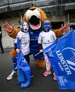 7 June 2025; Leinster supporters Alex and Aoife O'Connor, from Newbridge, Kildare, with Leo the Lion before the United Rugby Championship semi-final match between Leinster and Glasgow Warriors at the Aviva Stadium in Dublin. Photo by Seb Daly/Sportsfile