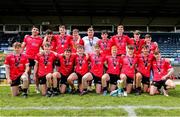 7 June 2025; The Louth team poses for photographs with the cup after the Electric Ireland Celtic Challenge Corn Tom Hogan final match between Cavan and Louth at Kingspan Breffni in Cavan. Photo by Thomas Flinkow/Sportsfile