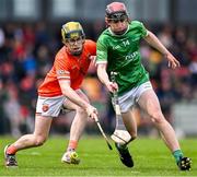 7 June 2025; Fergal Cronin of Kildare in action against Darragh McKee of Armagh during the Electric Ireland Celtic Challenge Corn Jerome O’Leary final match between Kildare and Armagh at the GAA National Games Development Centre in Abbotstown, Dublin. Photo by Stephen Marken/Sportsfile