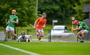 7 June 2025; James Hamilton of Armagh celebrates after scoring his side's third goal during the Electric Ireland Celtic Challenge Corn Jerome O’Leary final match between Kildare and Armagh at the GAA National Games Development Centre in Abbotstown, Dublin. Photo by Stephen Marken/Sportsfile