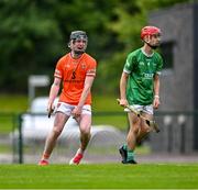 7 June 2025; James Hamilton of Armagh celebrates after scoring his side's third goal during the Electric Ireland Celtic Challenge Corn Jerome O’Leary final match between Kildare and Armagh at the GAA National Games Development Centre in Abbotstown, Dublin. Photo by Stephen Marken/Sportsfile