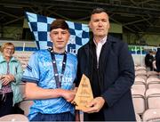 7 June 2025; GAA National Head of Hurling William Maher presents the player of the match to Kyle Comerford of Dublin after the Electric Ireland Celtic Challenge Corn John Scott final match between Clare and Dublin at FBD Semple Stadium in Thurles, Tipperary. Photo by Michael P Ryan/Sportsfile