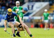 7 June 2025; Seán McEvoy of Fermanagh in action against Darragh O'Reilly of Longford during the Electric Ireland Celtic Challenge Corn Michael Feery final match between Longford and Fermanagh at Kingspan Breffni in Cavan. Photo by Thomas Flinkow/Sportsfile