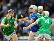 7 June 2025; Diarmuid O'Brien of Longford in action against Fermanagh players, from left, Seán McEvoy and Ronan McCann during the Electric Ireland Celtic Challenge Corn Michael Feery final match between Longford and Fermanagh at Kingspan Breffni in Cavan. Photo by Thomas Flinkow/Sportsfile