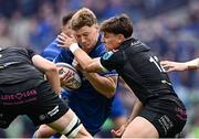 7 June 2025; Jordie Barrett of Leinster is tackled by Tom Jordan of Glasgow Warriors during the United Rugby Championship semi-final match between Leinster and Glasgow Warriors at the Aviva Stadium in Dublin. Photo by Seb Daly/Sportsfile