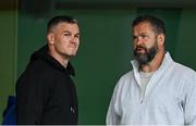 7 June 2025; British & Irish Lions assistant coach Jonathan Sexton, left, and British & Irish Lions head coach Andy Farrell during the United Rugby Championship semi-final match between Leinster and Glasgow Warriors at the Aviva Stadium in Dublin. Photo by Brendan Moran/Sportsfile