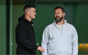 7 June 2025; British & Irish Lions assistant coach Jonathan Sexton, left, and British & Irish Lions head coach Andy Farrell during the United Rugby Championship semi-final match between Leinster and Glasgow Warriors at the Aviva Stadium in Dublin. Photo by Brendan Moran/Sportsfile