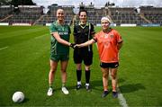 7 June 2025; Referee Maggie Farrelly, centre, with Meath captain Aoibhín Cleary, left, and Armagh captain Lauren McConville before the TG4 All-Ireland Ladies Football Senior Championship Round 1 match between Meath and Armagh at Páirc Tailteann in Navan, Meath. Photo by Ben McShane/Sportsfile