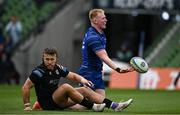 7 June 2025; Jamie Osborne of Leinster celebrates after scoring a try, which was subsequently disallowed, during the United Rugby Championship semi-final match between Leinster and Glasgow Warriors at the Aviva Stadium in Dublin. Photo by Seb Daly/Sportsfile