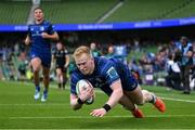 7 June 2025; Jamie Osborne of Leinster dives over to score his side's second try during the United Rugby Championship semi-final match between Leinster and Glasgow Warriors at the Aviva Stadium in Dublin. Photo by Brendan Moran/Sportsfile