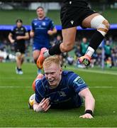 7 June 2025; Jamie Osborne of Leinster after scoring his side's second try during the United Rugby Championship semi-final match between Leinster and Glasgow Warriors at the Aviva Stadium in Dublin. Photo by Brendan Moran/Sportsfile
