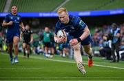 7 June 2025; Jamie Osborne of Leinster on his way to scoring his side's second try during the United Rugby Championship semi-final match between Leinster and Glasgow Warriors at the Aviva Stadium in Dublin. Photo by Brendan Moran/Sportsfile