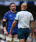 7 June 2025; Leinster captain Jack Conan and referee Andrea Piardi during the United Rugby Championship semi-final match between Leinster and Glasgow Warriors at the Aviva Stadium in Dublin. Photo by Brendan Moran/Sportsfile