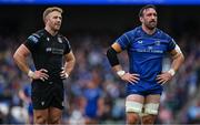 7 June 2025; Glasgow Warriors captain Kyle Steyn and Leinster captain Jack Conan during the United Rugby Championship semi-final match between Leinster and Glasgow Warriors at the Aviva Stadium in Dublin. Photo by Brendan Moran/Sportsfile