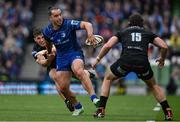 7 June 2025; James Lowe of Leinster offloads to setup his sides second try, scored by Jamie Osborne, during the United Rugby Championship semi-final match between Leinster and Glasgow Warriors at the Aviva Stadium in Dublin. Photo by Brendan Moran/Sportsfile