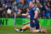 7 June 2025; Jamie Osborne of Leinster celebrates a try, which was subsequently disallowed, during the United Rugby Championship semi-final match between Leinster and Glasgow Warriors at the Aviva Stadium in Dublin. Photo by Brendan Moran/Sportsfile