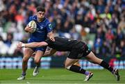7 June 2025; Jimmy O'Brien of Leinster is tackled by Kyle Steyn of Glasgow Warriors during the United Rugby Championship semi-final match between Leinster and Glasgow Warriors at the Aviva Stadium in Dublin. Photo by Brendan Moran/Sportsfile