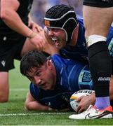 7 June 2025; Thomas Clarkson of Leinster celebrates after scoring his side's third try with teammate James Ryan, right, during the United Rugby Championship semi-final match between Leinster and Glasgow Warriors at the Aviva Stadium in Dublin. Photo by Brendan Moran/Sportsfile