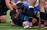 7 June 2025; Thomas Clarkson of Leinster celebrates after scoring his side's third try with teammate James Ryan, right, during the United Rugby Championship semi-final match between Leinster and Glasgow Warriors at the Aviva Stadium in Dublin. Photo by Brendan Moran/Sportsfile