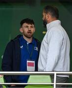 7 June 2025; Hugo Keenan of Leinster in conversation with British & Irish Lions head coach Andy Farrell during the United Rugby Championship semi-final match between Leinster and Glasgow Warriors at the Aviva Stadium in Dublin. Photo by Brendan Moran/Sportsfile