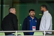 7 June 2025; Hugo Keenan of Leinster in conversation with British & Irish Lions head coach Andy Farrell, right, and assistant coach John Fogarty during the United Rugby Championship semi-final match between Leinster and Glasgow Warriors at the Aviva Stadium in Dublin. Photo by Brendan Moran/Sportsfile