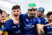 7 June 2025; Longford players Sam Elliott, left, and James Flynn celebrate after their side's victory in the Electric Ireland Celtic Challenge Corn Michael Feery final match between Longford and Fermanagh at Kingspan Breffni in Cavan. Photo by Thomas Flinkow/Sportsfile