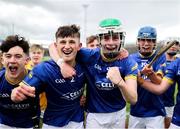 7 June 2025; Longford players, from left, William Nolan, Sam Elliott, and James Flynn celebrate after their side's victory in the Electric Ireland Celtic Challenge Corn Michael Feery final match between Longford and Fermanagh at Kingspan Breffni in Cavan. Photo by Thomas Flinkow/Sportsfile