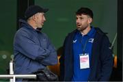 7 June 2025; Hugo Keenan of Leinster in conversation with British & Irish Lions assistant coach Andrew Goodman during the United Rugby Championship semi-final match between Leinster and Glasgow Warriors at the Aviva Stadium in Dublin. Photo by Brendan Moran/Sportsfile