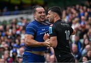 7 June 2025; James Lowe of Leinster and Adam Hastings of Glasgow Warriors during the United Rugby Championship semi-final match between Leinster and Glasgow Warriors at the Aviva Stadium in Dublin. Photo by Brendan Moran/Sportsfile