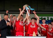 7 June 2025; Cork White joint captains, Josh Brosnan left, and Dave Barry lift the cup after the Electric Ireland Celtic Challenge Corn Michael Hogan final match between Tipperary Gold and Cork White at FBD Semple Stadium in Thurles, Tipperary. Photo by Michael P Ryan/Sportsfile