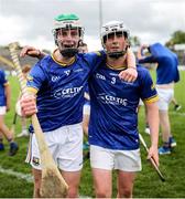 7 June 2025; Longford players James Flynn, left, and Ryan Murphy celebrate after the Electric Ireland Celtic Challenge Corn Michael Feery final match between Longford and Fermanagh at Kingspan Breffni in Cavan. Photo by Thomas Flinkow/Sportsfile