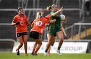 7 June 2025; Vikki Wall of Meath is tackled by Lauren McConville of Armagh during the TG4 All-Ireland Ladies Football Senior Championship Round 1 match between Meath and Armagh at Páirc Tailteann in Navan, Meath. Photo by Ben McShane/Sportsfile