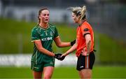 7 June 2025; Aoibhín Cleary of Meath with Eve Lavery of Armagh after the TG4 All-Ireland Ladies Football Senior Championship Round 1 match between Meath and Armagh at Páirc Tailteann in Navan, Meath. Photo by Ben McShane/Sportsfile