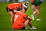 7 June 2025; Grace Ferguson is consoled by Armagh teammate Lauren McConville, left, after their side's draw in the TG4 All-Ireland Ladies Football Senior Championship Round 1 match between Meath and Armagh at Páirc Tailteann in Navan, Meath. Photo by Ben McShane/Sportsfile