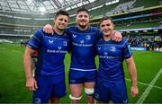 7 June 2025; Leinster players, from left, Ross Byrne, Joe McCarthy and Scott Penny after the United Rugby Championship semi-final match between Leinster and Glasgow Warriors at the Aviva Stadium in Dublin. Photo by Brendan Moran/Sportsfile
