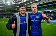 7 June 2025; Thomas Clarkson, left, an Jamie Osborne of Leinster after the United Rugby Championship semi-final match between Leinster and Glasgow Warriors at the Aviva Stadium in Dublin. Photo by Brendan Moran/Sportsfile