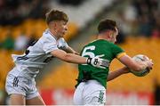 7 June 2025; Lewis Ryan of Meath is tackled by Mark Travers of Kildare during the Electric Ireland GAA Football All-Ireland Minor Paul McGirr Cup Final match between Kildare and Meath at Glenisk O'Connor Park, Tullamore, Offaly. Photo by Tom Beary/Sportsfile