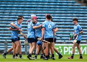 7 June 2025; Dublin players celebrate at full time during the Electric Ireland Celtic Challenge Corn John Scott final match between Clare and Dublin at FBD Semple Stadium in Thurles, Tipperary. Photo by Michael P Ryan/Sportsfile