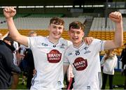 7 June 2025; Calum Keaveny, left, and Charlie Doran of Kildare after their side's victory in the Electric Ireland GAA Football All-Ireland Minor Paul McGirr Cup Final match between Kildare and Meath at Glenisk O'Connor Park, Tullamore, Offaly. Photo by Tom Beary/Sportsfile