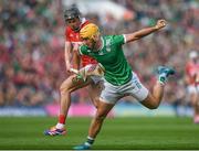 7 June 2025; Tom Morrissey of Limerick in action against Darragh Fitzgibbon of Cork during the Munster GAA Hurling Senior Championship final match between Limerick and Cork at LIT Gaelic Grounds in Limerick. Photo by John Sheridan/Sportsfile
