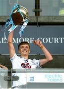7 June 2025; Kildare captain Charles Cullen lifts the Paul McGirr cup after his side’s victory in the Electric Ireland GAA Football All-Ireland Minor Paul McGirr Cup Final match between Kildare and Meath at Glenisk O'Connor Park, Tullamore, Offaly. Photo by Tom Beary/Sportsfile
