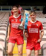 7 June 2025; Cork White joint captains Josh Brosnan, left, and Dave Barry with the cup after the Electric Ireland Celtic Challenge Corn Michael Hogan final match between Tipperary Gold and Cork White at FBD Semple Stadium in Thurles, Tipperary. Photo by Michael P Ryan/Sportsfile