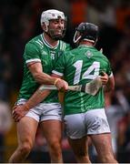 7 June 2025; Aaron Gillane, left, celebrates with David Reidy who scored a goal for Limerick, in the 20th minute, during the Munster GAA Hurling Senior Championship final match between Limerick and Cork at LIT Gaelic Grounds in Limerick. Photo by Ray McManus/Sportsfile