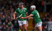 7 June 2025; Aaron Gillane, right, celebrates with David Reidy who scored a goal for Limerick, in the 20th minute, during the Munster GAA Hurling Senior Championship final match between Limerick and Cork at LIT Gaelic Grounds in Limerick. Photo by Ray McManus/Sportsfile