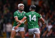 7 June 2025; Aaron Gillane, left, celebrates with David Reidy who scored a goal for Limerick, in the 20th minute, during the Munster GAA Hurling Senior Championship final match between Limerick and Cork at LIT Gaelic Grounds in Limerick. Photo by Ray McManus/Sportsfile