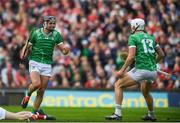 7 June 2025; Aidan O'Connor of Limerick celebrates with his teamate Aaron Gillane after scores his side's first goal during the Munster GAA Hurling Senior Championship final match between Limerick and Cork at TUS Gaelic Grounds in Limerick. Photo by John Sheridan/Sportsfile